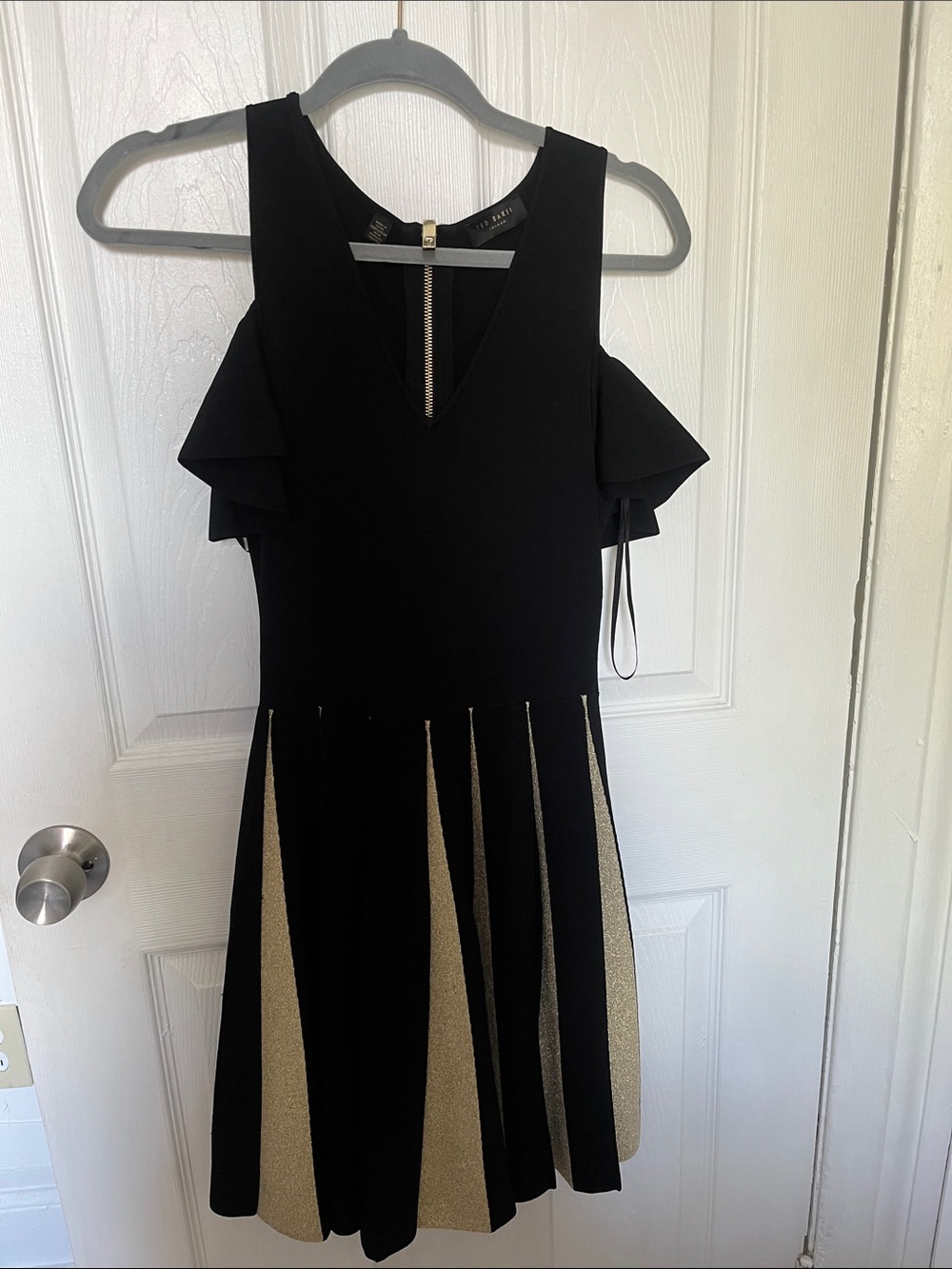 Ted Baker London Black Dress with Gold Zip Detail & capped sleeves